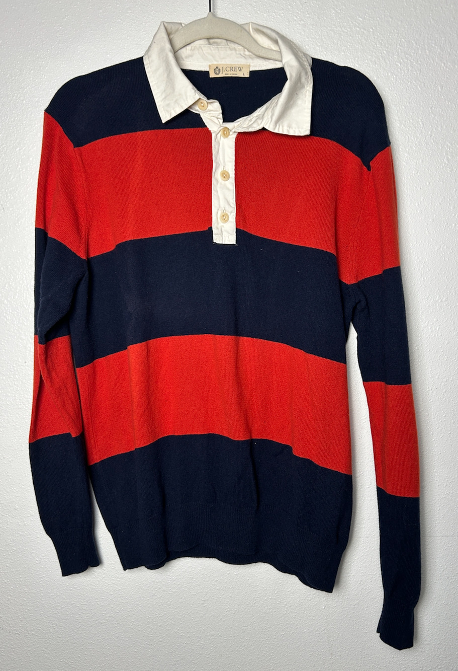 J. Crew Knit Rugby Polo Preppy Blue and Red Striped Sweater Size Large